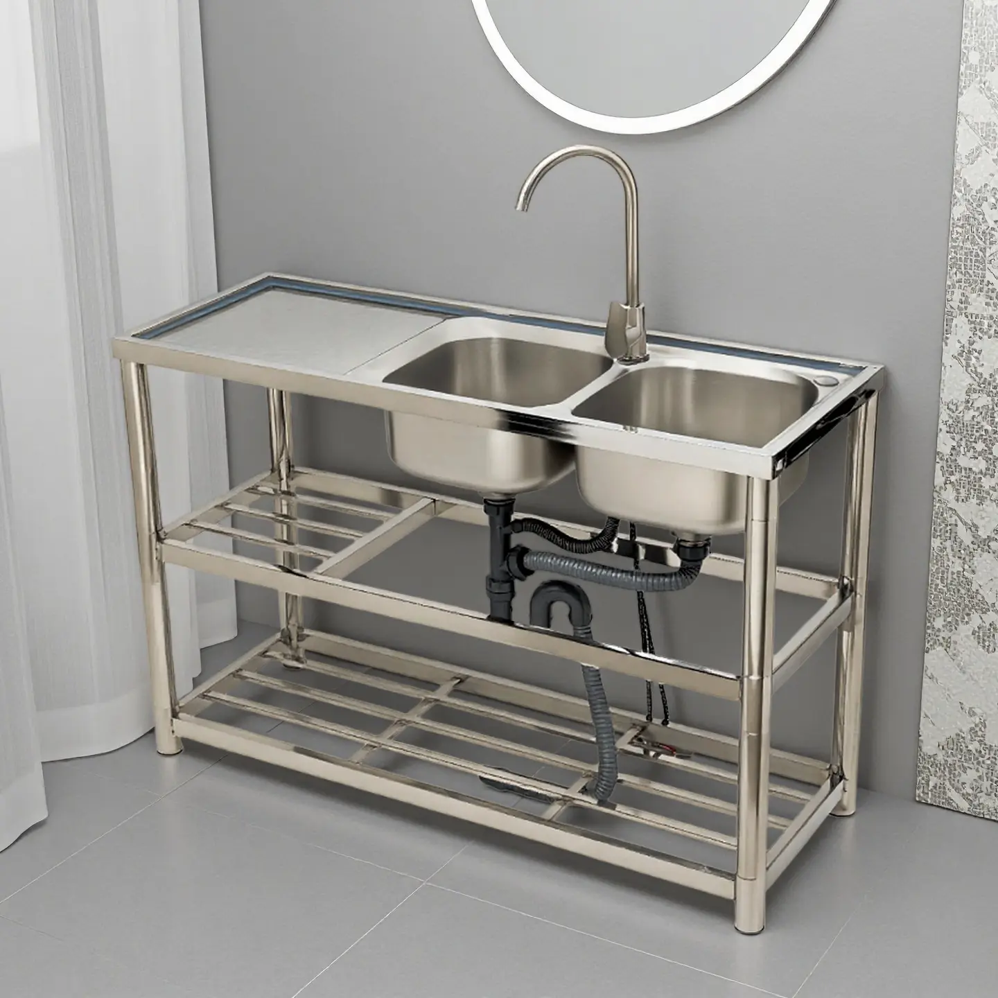 CNCEST Commercial Dual-Compartment Stainless Steel Kitchen Sink Unit Station, Freestanding Undermount Rectangle Metallic Basin Set with Hot-Cold Water Plumbing, Faucet, 2 Shelves, 330LBS Capacity, Classic-Modern Kitchen Counter Organizer for Restaurant, B