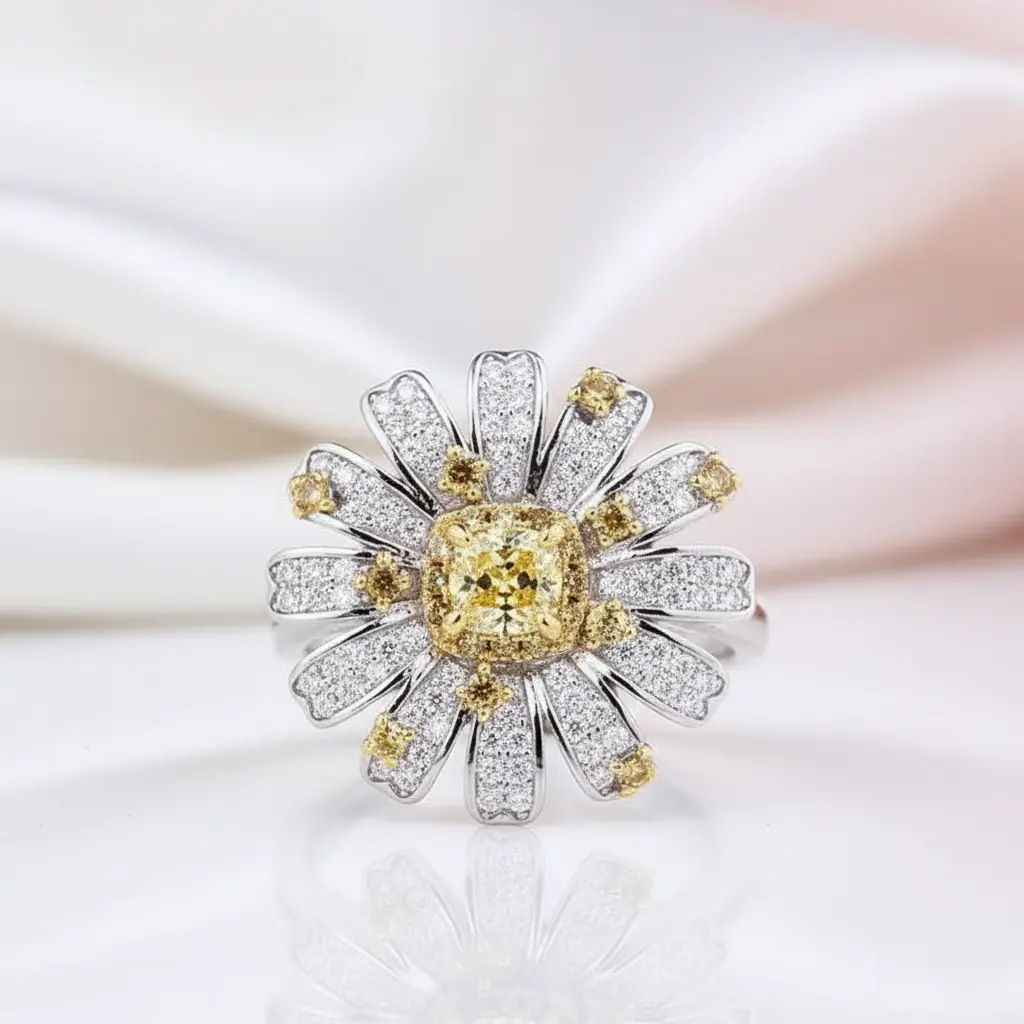 Sunflower Design Cushion Cut Promise Ring