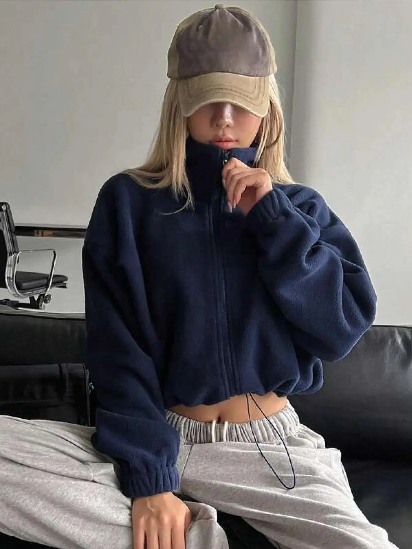 Women's Plain Drawstring Drop Shoulder Zip Up Crop Fleece Jacket, Casual Long Sleeve High Neck Outerwear for Fall & Winter, Ladies Clothes for Daily Wear