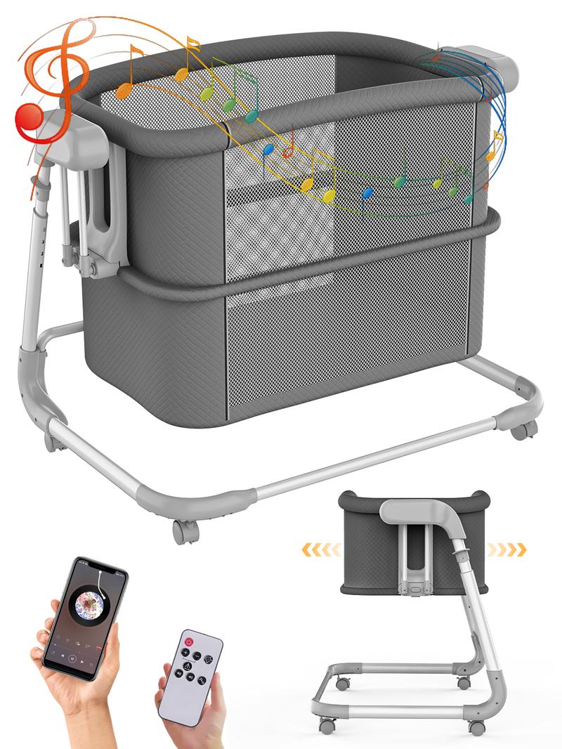 Electric Rocking Bassinet for Baby – Automatic Bluetooth-Enabled Smart Crib with Wheels, 4-Height Adjustable Bedside Sleeper, 5-Speed Swing for Newborns & Infants