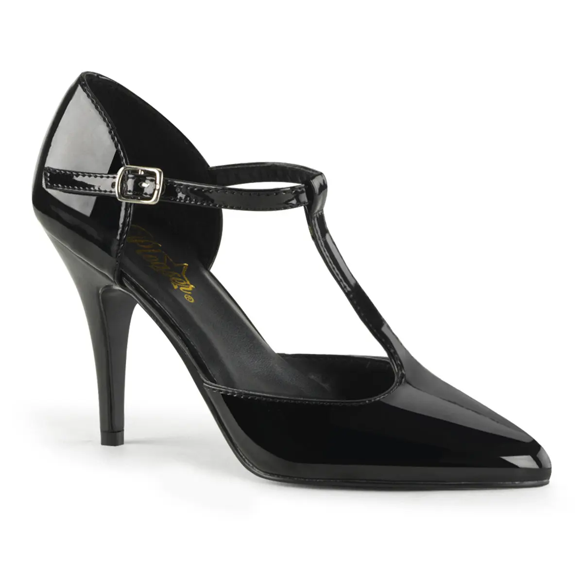 Pleaser Vanity-415 Women's T-Strap d'Orsay Style Pump, Classic Black Patent High Heels with a 4-Inch Heel, Stylish, Elegant, Shoe, Fashion