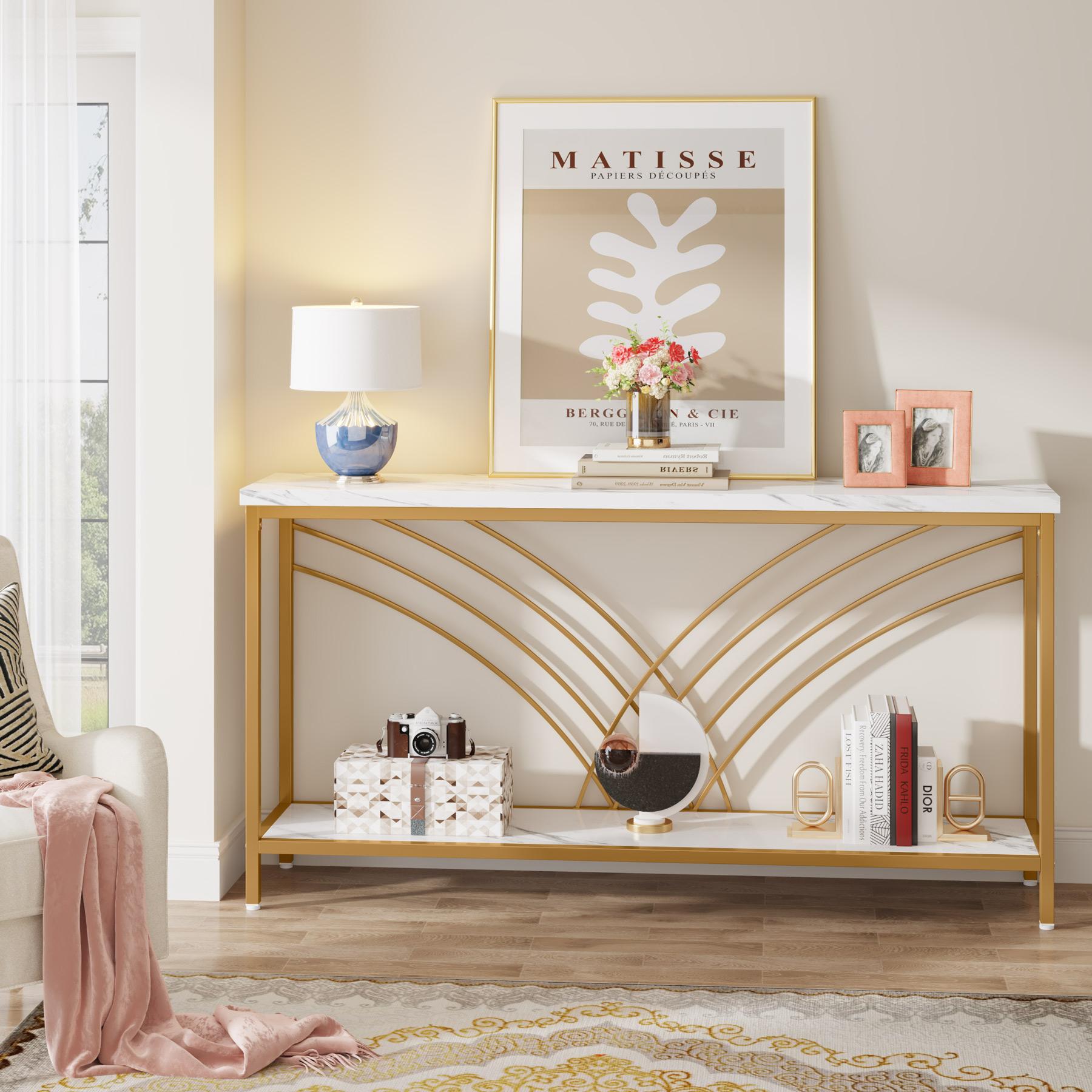 Tribesigns 2-Tier Storage Shelf Faux Marble Extra Long Console Table 70.9" Entryway Table for Living Room Hallway