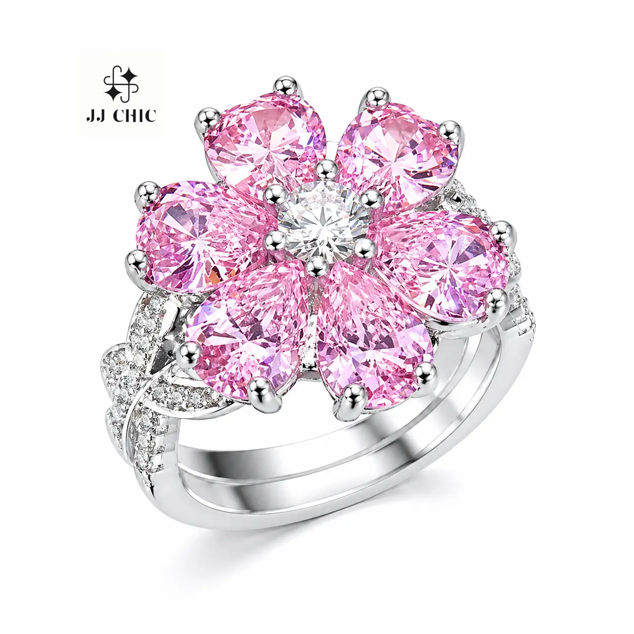 JJ CHIC Women’s Pink Floral Statement Ring, Sparkly Flower Cocktail Ring for Daily Wear, Party, Promise Gift