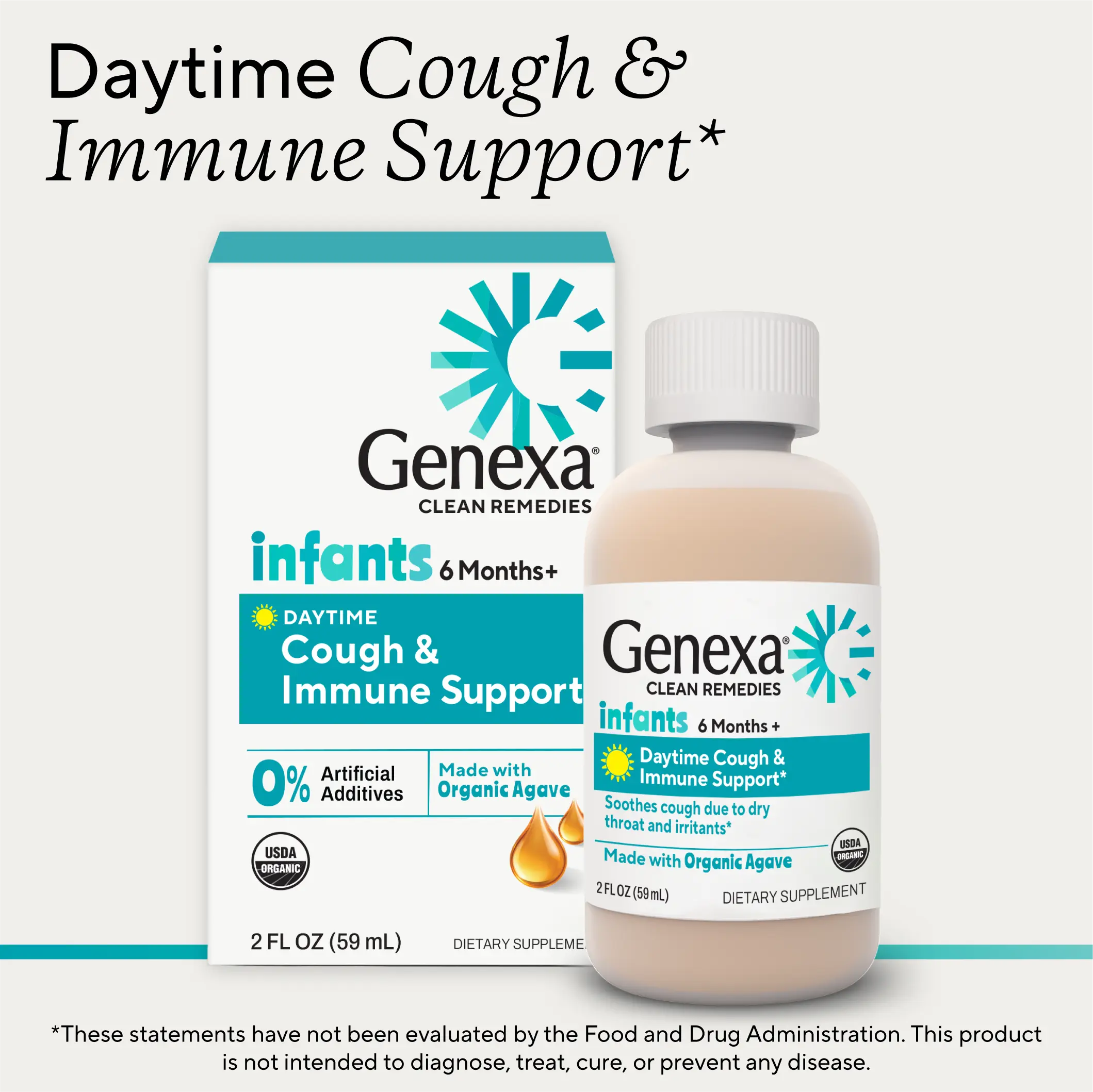 Genexa Baby Cough & Immune Support 2-Pack | 6 Months+ | Made Clean with Organic Agave & Zinc | Cough Syrup for Babies & Toddlers | Soothes Infant Cough & Supports Immune Health | 2 Fl Oz