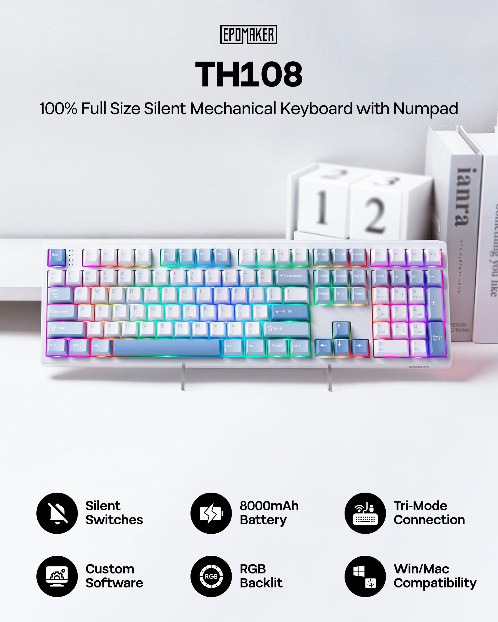 EPOMAKER TH108 Gasket 100% Wireless Full Size Mechanical Keyboard 108 Keys Hot Swap South-facing Custom Driver RGB Backlit Tri-Mode USB-C/BT 5.0/2.4GHz for PC/Mac/Linux PC gaming accessories keyboards for gaming creamy keyboard TikTokShopSpringGlowUp