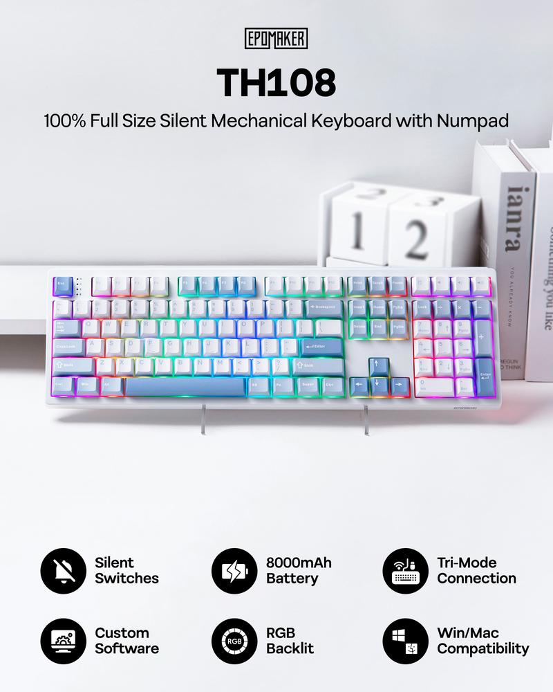 EPOMAKER TH108 Gasket 100% Wireless Full Size Mechanical Keyboard 108 Keys Hot Swap South-facing Custom Driver RGB Backlit Tri-Mode USB-C/BT 5.0/2.4GHz for PC/Mac/Linux PC gaming accessories keyboards for gaming creamy keyboard TikTokShopJumpstartSale