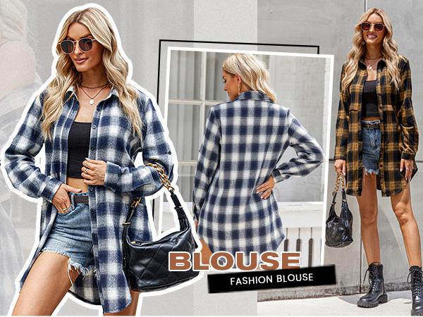 Women's Plaid Shirt Casual Long Sleeve V-Neck Button-Up Oversize Loose Fit Tunika S-XXL for Autumn Winter