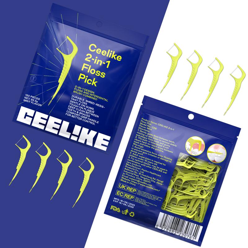CEELIKE 2-in-1 Floss Pick for Efficient Cleaning, Gum Care, and Fresh Breath - 150 Pieces Mint Flavor Daily Care