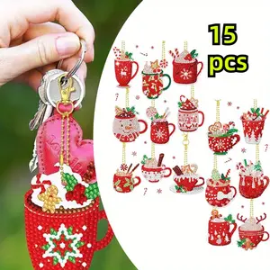 15PCS DIY 5D Diamond Painting Ornaments, Christmas Cup-Shaped Keychains with Tool Kit & Hanging Chains, Complete Craft Kits for Beginners, Holiday Party Decorations, Phone Charms & Gift Ideas, Round Diamonds, Pre-Made for New Crafters ﻿ chincraft key cool