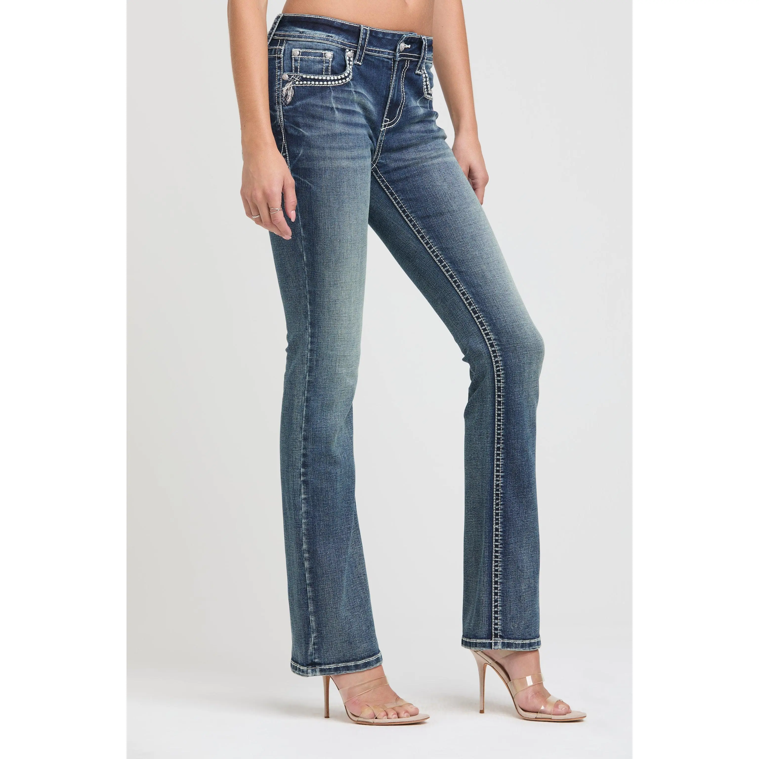 Feather Necklace Embroidered Bootcut Jeans for Women - Medium Blue Wash Mid Rise White Leather Denim