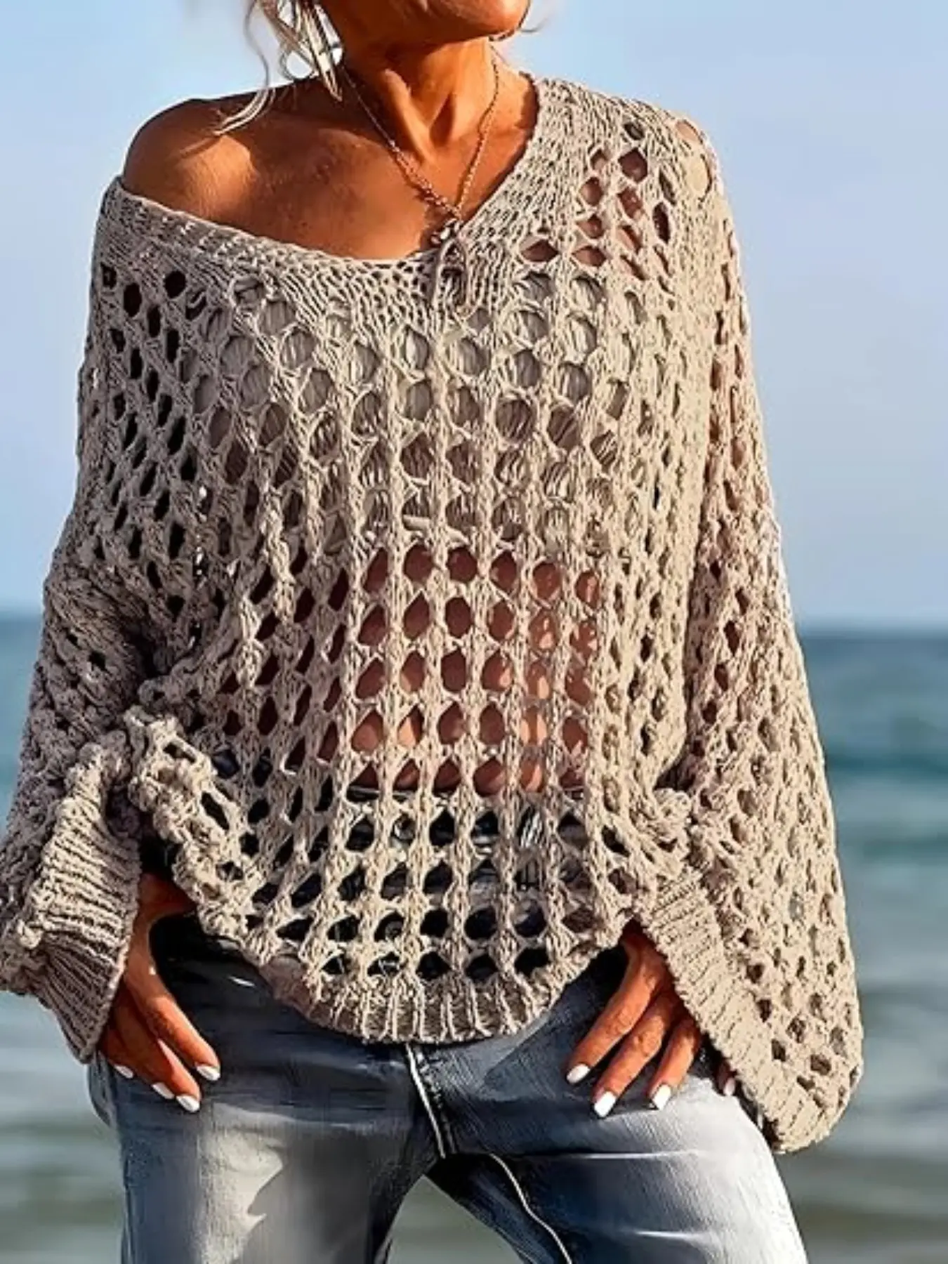 Plus Size Women's Crochet Knit Pullover Sweater, Knitwear, Tops, Long Sleeve Jumper, Loose Fit, Oversized, Summer Lightweight, Suitable for Various Occasions, Casual, Knitting, Breathable Knit Clothing