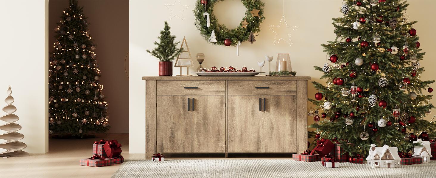 【SPOTLIGHT DAY】ONBRILL 61 Inch Sideboard Buffet Cabinet with Storage, Buffet Cabinet with 2 Drawers & 4 Doors, Farmhouse Sideboard with Adjustable Shelves, Coffee Bar Cabinets for Living Room, Kitchen