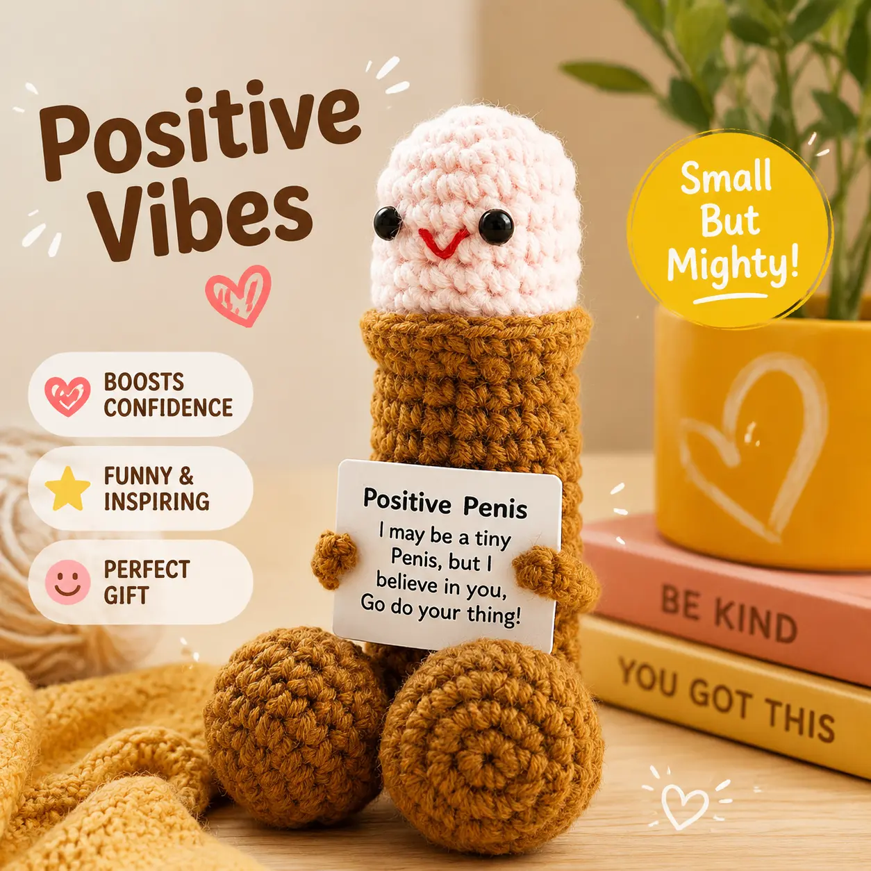 Whimsical Handmade Crocheted Plush Positive Penis Doll with Affirmation Card, Unisex Desk Accessory (Above 3 Yrs), Gag Gift for Friends, Emotional Support Figurine, Birthday White Elephant Toy, Desk Setup Aesthetic