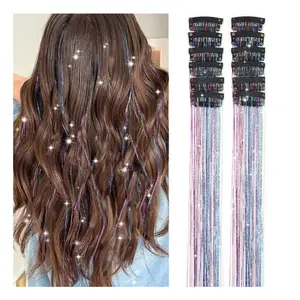 12-Pack Colorful Hair Tinsel Extensions, 20 Inch Clip-In Glitter Hair Accessories, Fairy Hair Party Kit for Women, Girls & Kids