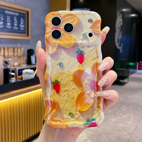 Case for iPhone 18 Pro Max 17 16 15 14 13 12, Colorful Retro Oil Painting Flower Laser Glossy Pattern Cute Curly Wave Edge Exquisite Phone Cover Stylish Durable TPU Protective Case for Girl Women, mothersdaygift