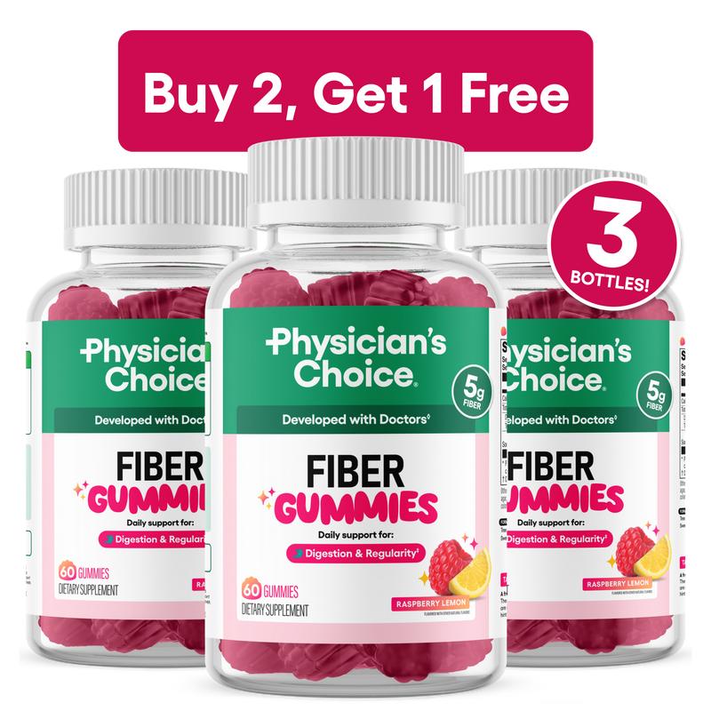 Physician’s Choice Fiber Gummies 3-Pack: Digestive Health & Regularity - Raspberry Lemon Flavor - No Sugar Added & Vegan - Daily Gummy for Adults