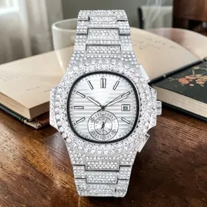 MEN'S WATCH ICED LUXURY SILVER FINISHED BLING HIP HOP FULL CZ BAND WRISTWATCH DATE FUNCTION QUARTZ
