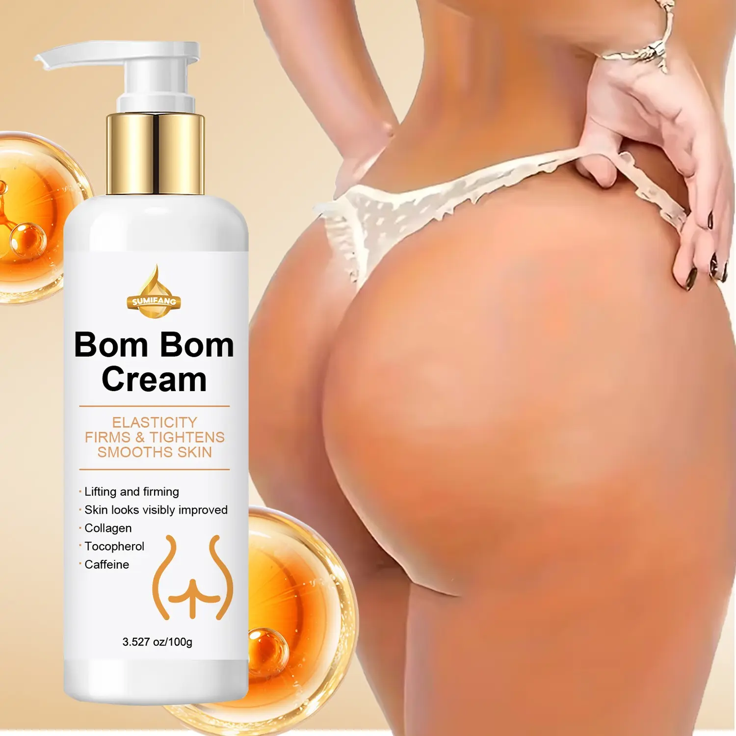SUMIFANG Bom Bom Skin Smoothing Firming Body Cream 100g Body Firming Creams | Collagen + Caffeine + Vitamin E, firms and lifts buttocks and body skin | Improves sagging, smooths fine lines, and creates a supple, shapely figure. Body Care Products