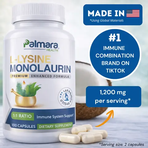 L-Lysine with Monolaurin 600mg – Immune and Digestive Support 1:1 Ratio, 100 Capsules | Palmara Health