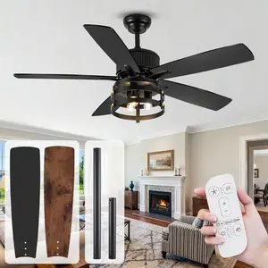 52Inch Farmhouse Rustic Outdoor Ceiling Fan with Light and Remote,Black Industrial Caged Ceiling Fans,Dual- Finish 5 Blades,Quiet Reversible DC Motor, Damp Rated for Patios Indoor Exterior Porch,indoor Lighting for Bedroom Living Room Kitchen