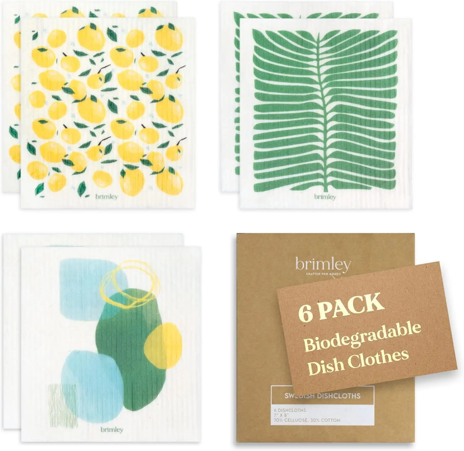 6-Pack Basic Reusable Swedish Kitchen Cleaning Cloths - Cellulose Cotton Sponge Cloths, Eco-Friendly, Absorbent, 100% Biodegradable, Non-Slip (Lemon)