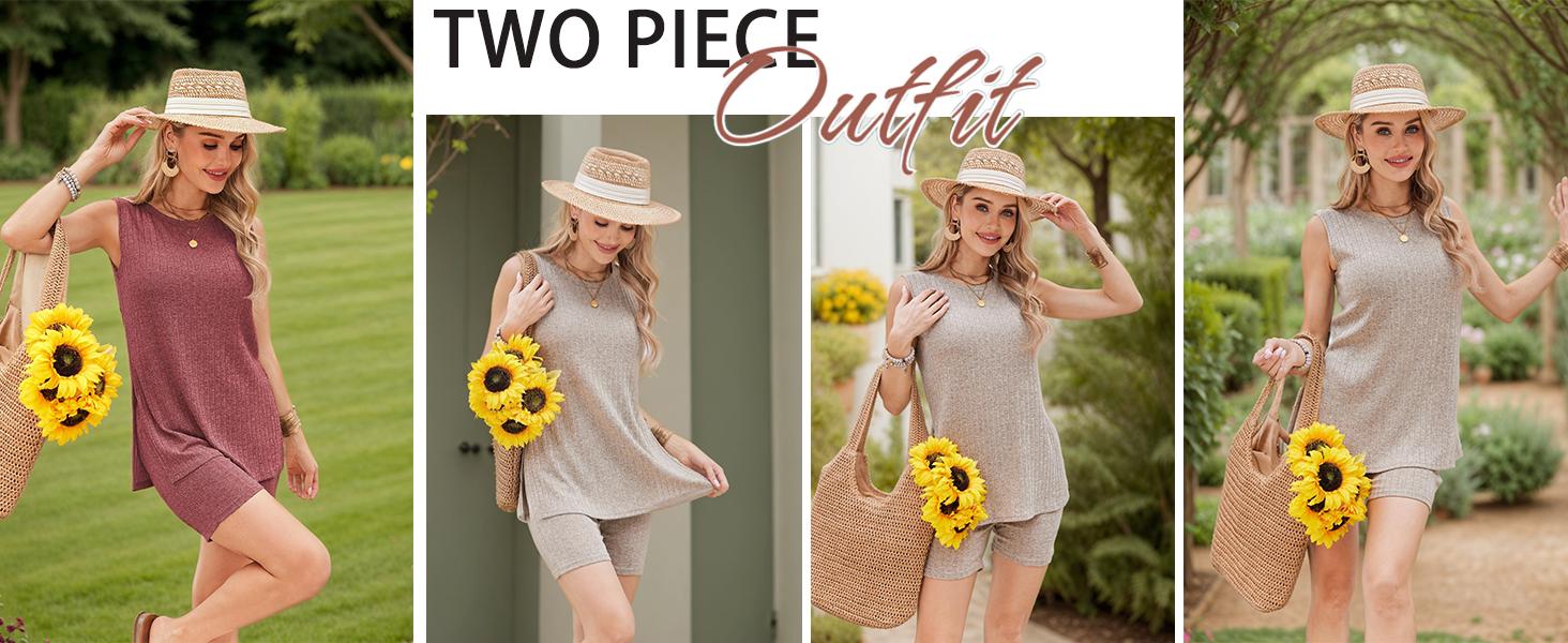 EKOUAER Spring Women's Clothing Sets Summer Striped Knitted Sleeveless Women's 2-Piece Set Cycling Shorts Casual Comfortable Set S-XXL