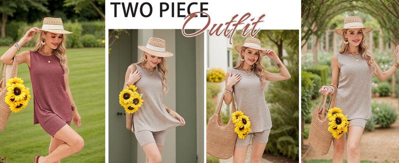 EKOUAER Women's Clothing Sets Striped Knitted Sleeveless Women's 2-Piece Set Cycling Shorts Casual Comfortable Set S-XXL