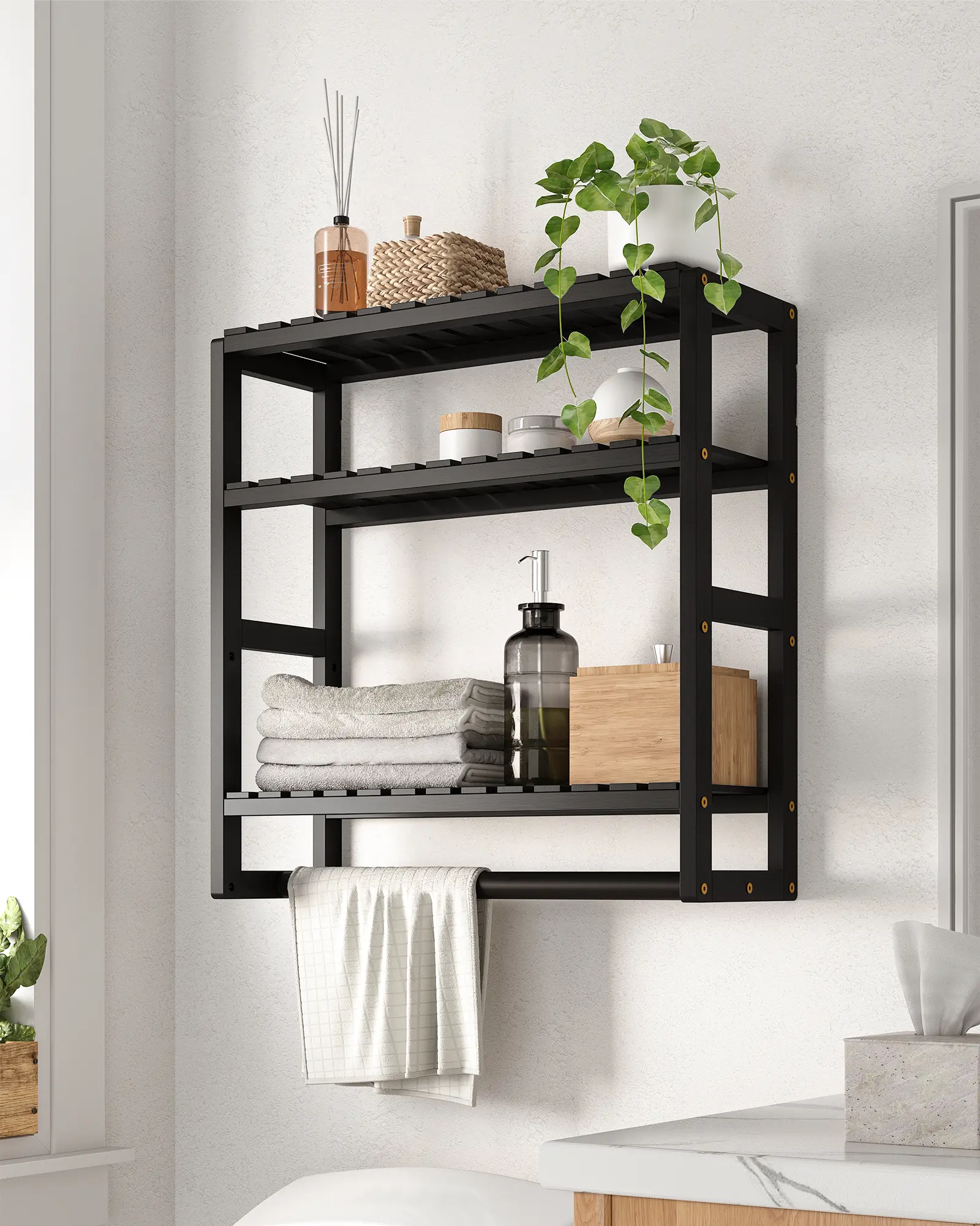 Bamworld Bamboo Over-The-Toilet Storage Shelf - 3-Tier Adjustable Corner Wall-Mount Rack (About the Width of Toilet Tank Fit) with Hanging Rod, Paper Cabinet, Towel Rack, Decorative Black Organizer Storage for Small Rooms, Bathroom Organizing Accessories