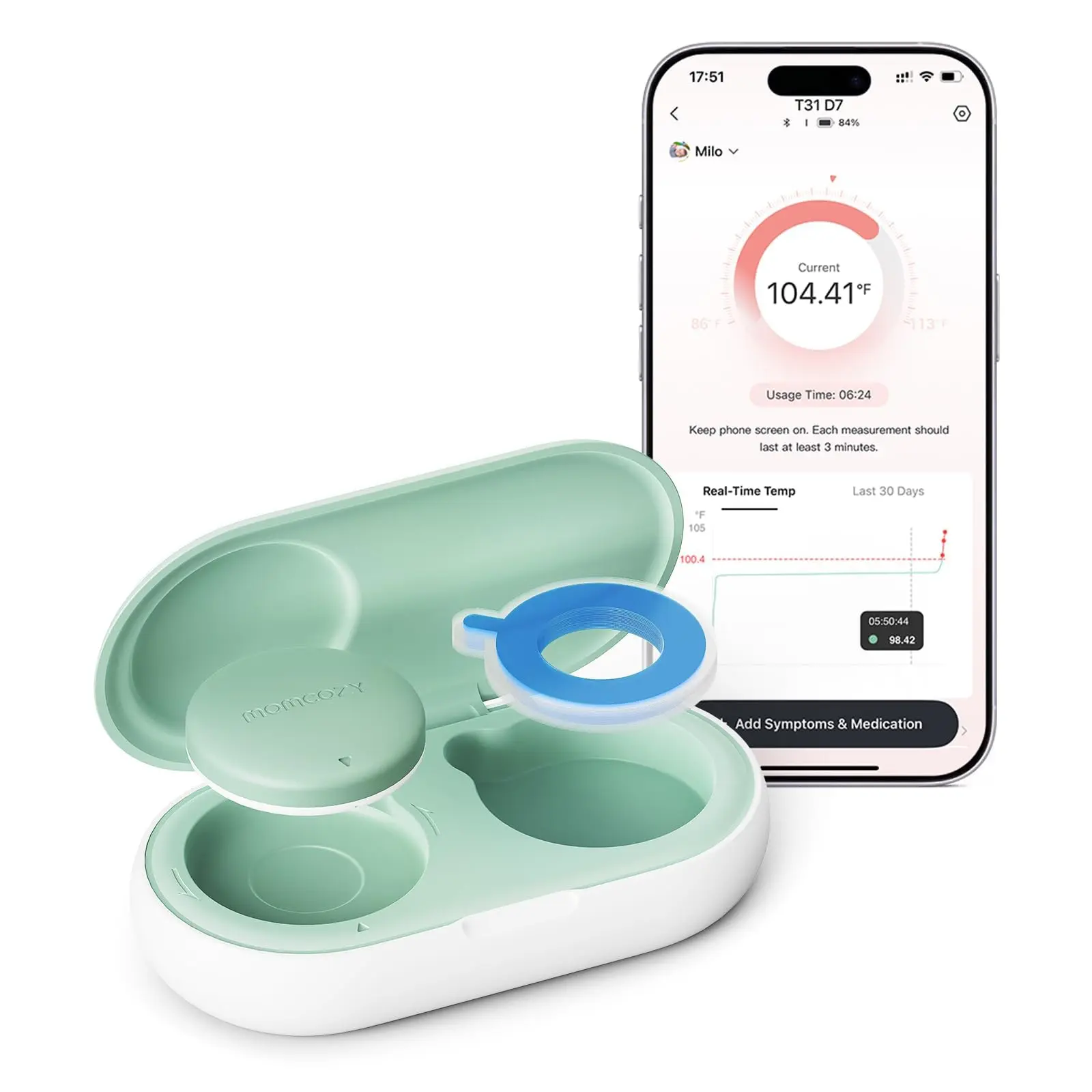 Momcozy Wearable Digital Thermometer for Baby, Medical-Grade Accurate Smart Thermometer, Instant Reads, APP Real-time Monitoring for Infants & Kids, Hypoallergenic 3M Stiker,Bluetooth, 180H Lasting