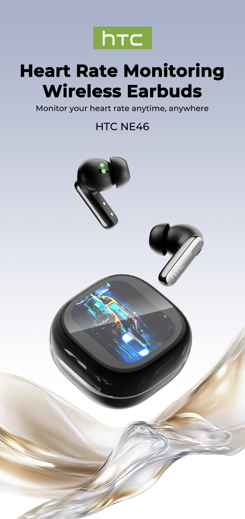 hTC NE46 Wireless Earbuds, Heart Rate Monitoring Earbuds, In Ear Earbuds, Bluetooth 6.0 Earphones, Blood Oxygen Monitoring Headphones, LED Smart Touch Screen Waterproof Audio Earbuds for Music & Calls, Comfortable for Sports