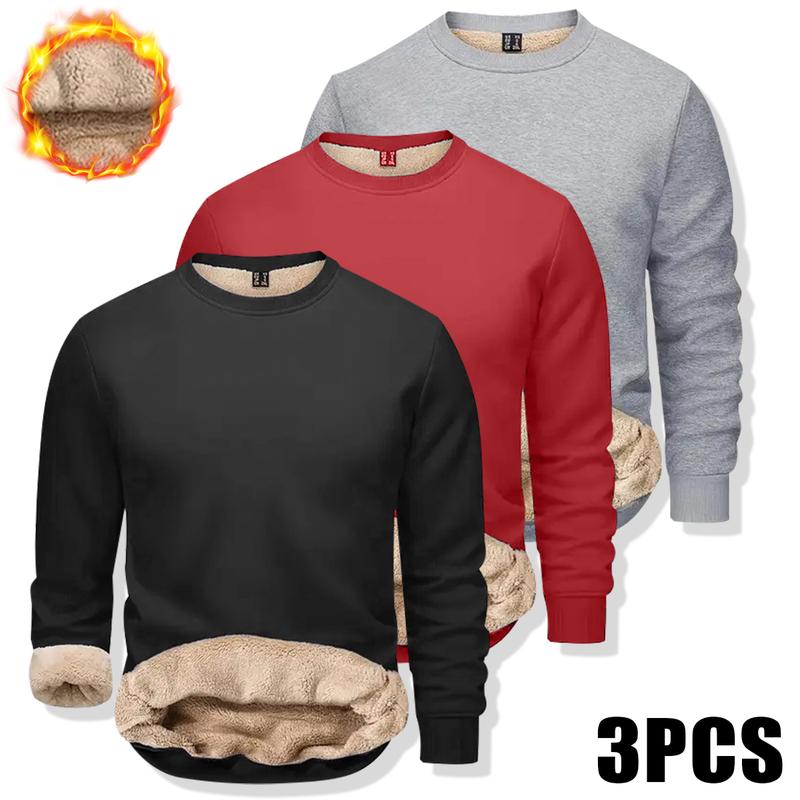 Pack of 3 men's solid color crew neck warm shirts, long-sleeve casual tops for autumn and winter, featuring a casual warm style with a windproof fabric made of faux fleece lining for everyday wear.