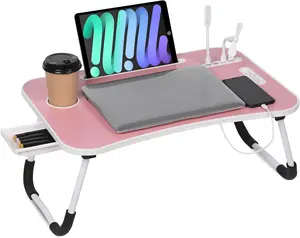 PHANCIR Foldable Lap Desk with 4 USB Charge Port, 23.6" Foldable Wood Laptop Desk with Mini Fan/Light, Durable Edge with Slots Cup Holder & Drawer, for Reading Writing Eating & On-the-Go Use