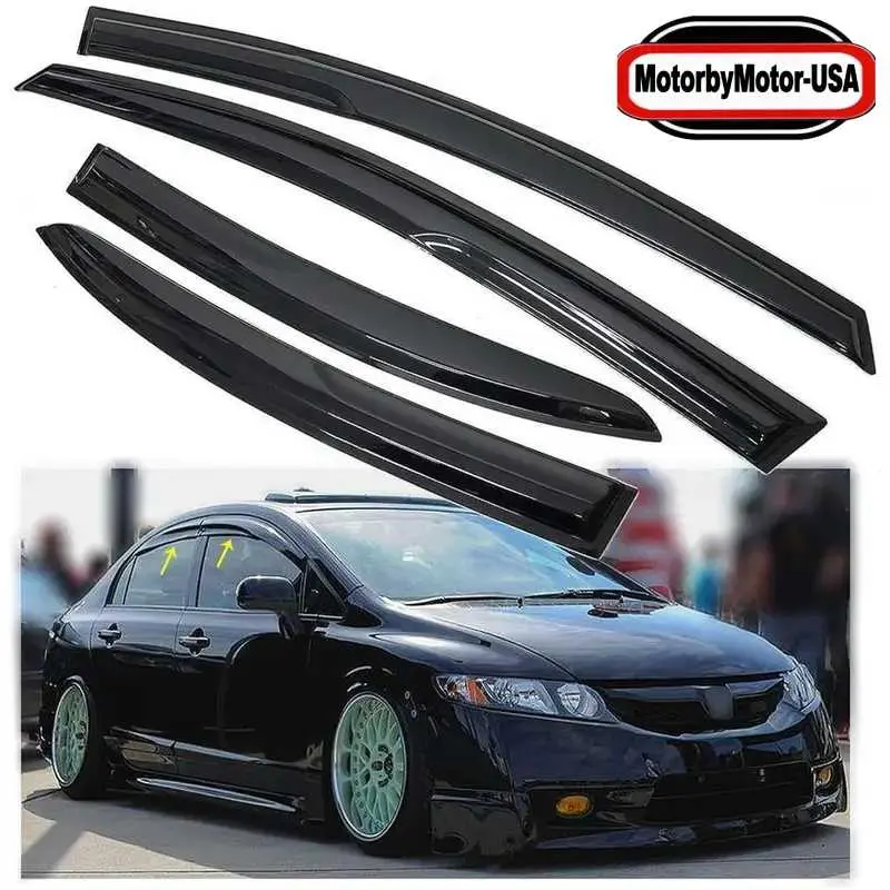 Window Rain Guard Visors Replacement for Honda Civic 4-Door Sedan 2006 2007 2008 2009 2010 2011,Black, Fits 2006-2011 Honda Civic Sedan Mug Style Window Visors Rain Sun Guard Vent ,Black– Smoke Tinted Acrylic, TapeOn Vent Shade, Rain, Sun & Wind Deflector