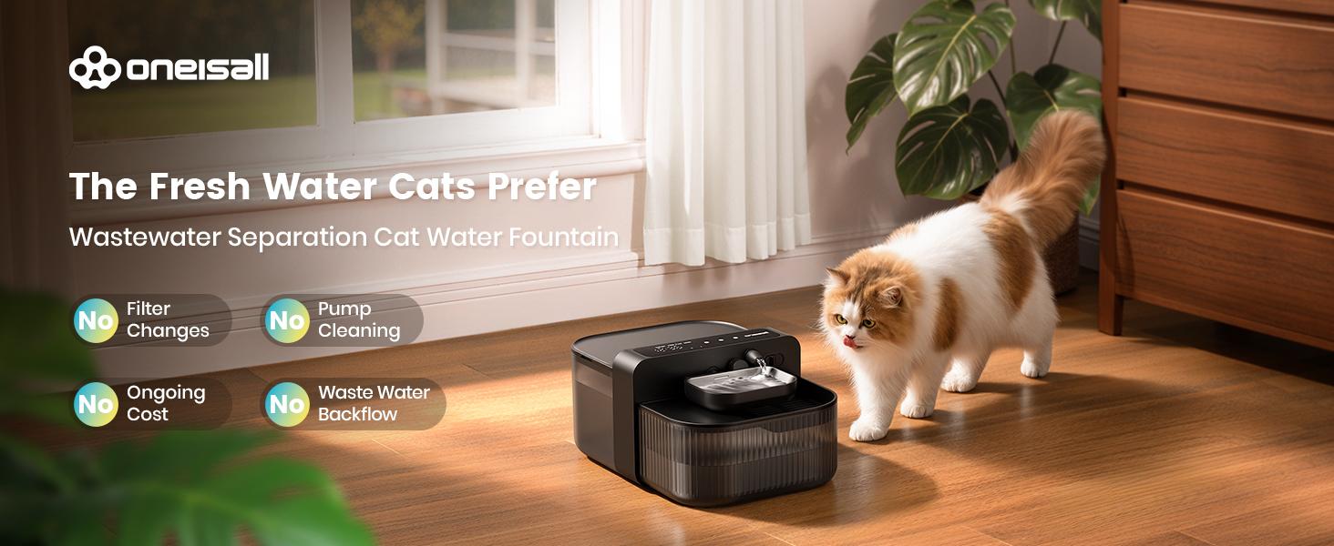 Oneisall Filterless Cat Water Fountain | 3.5L Automatic Stainless Steel Pet Dispenser with Separated Clean & Waste Tank, 2000mAh Battery (64-113 Days Runtime), Cordless, Detachable Easy-to-Clean Bowl, Scheduled Water Change (Up to 6x Daily)