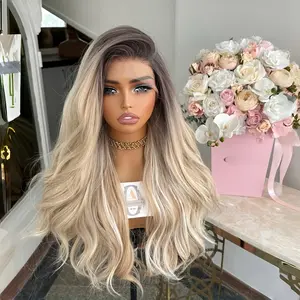 Ash Blonde Wig in Dark Roots Glueless Heat Resistant Synthetic Lace Frontal Wig for Women Free Part Natural Look