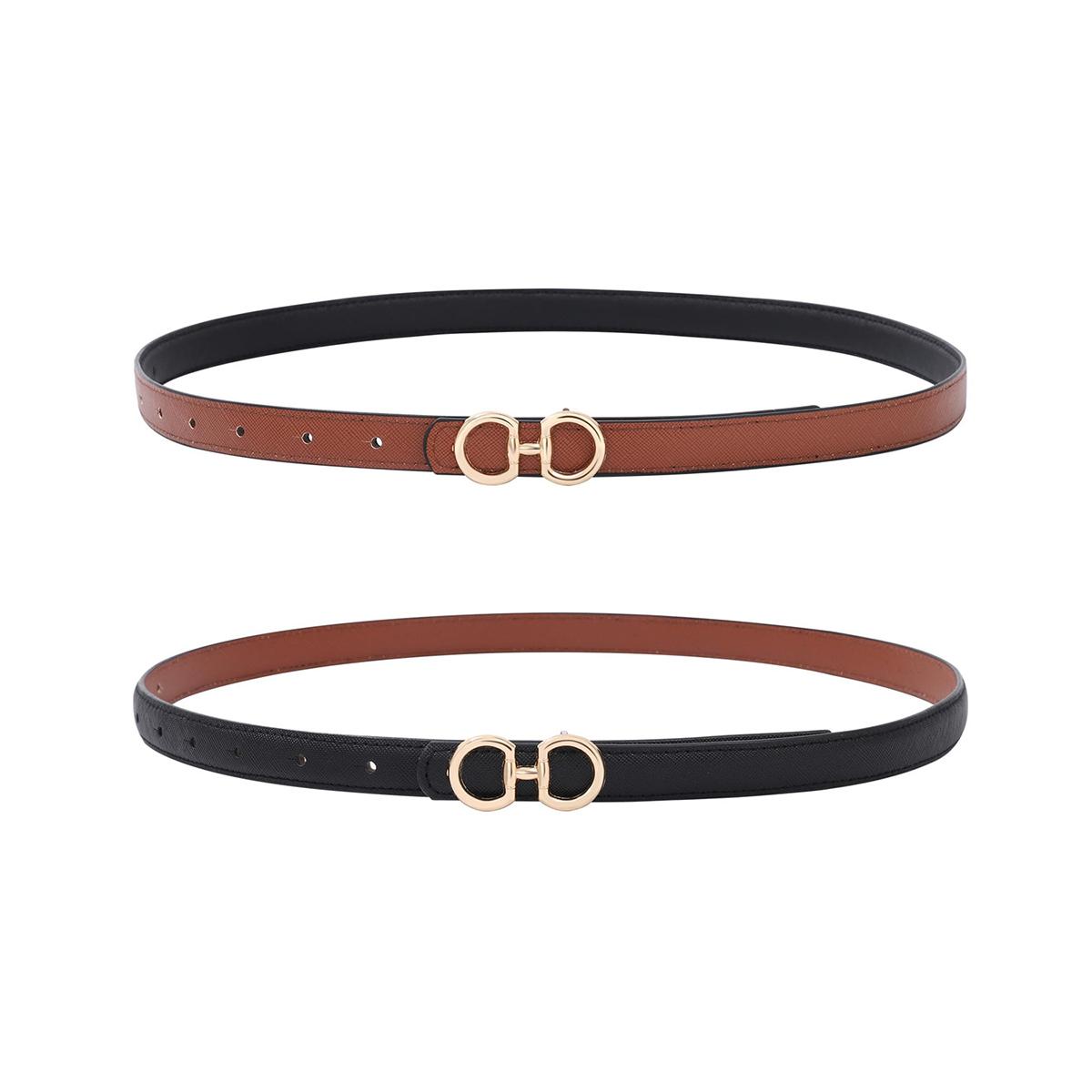 Women Reversible Double Sided Thin Belt Fashion Elegant PU Leather Tight Waist Belt with Gold Buckle Vintage Two-in-One Jeans Dress Long Coats Belts Female Accessories