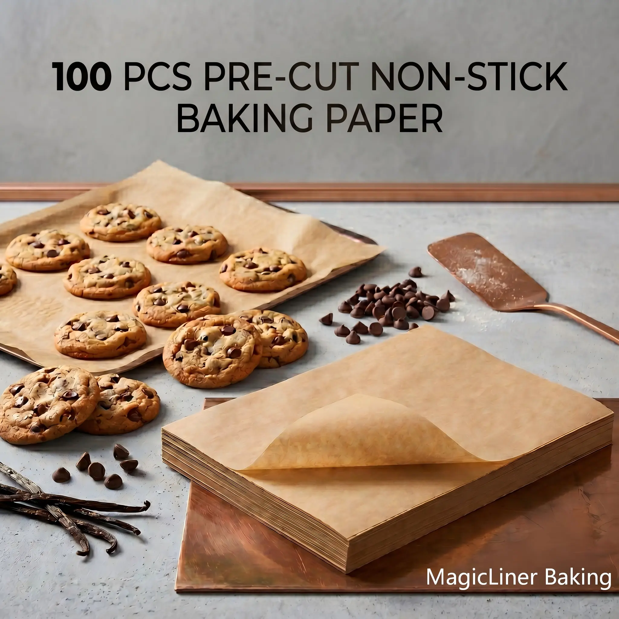 Eco-friendly, unbleached brown biodegradable silicone baking oil paper sheets, 100 pre-cut non-stick baking mats (9×13 inches/23×33 cm, 12×16 inches/30×40 cm), suitable for home kitchen baking, oven trays, and air fryers; oil paper sheets for baking and m