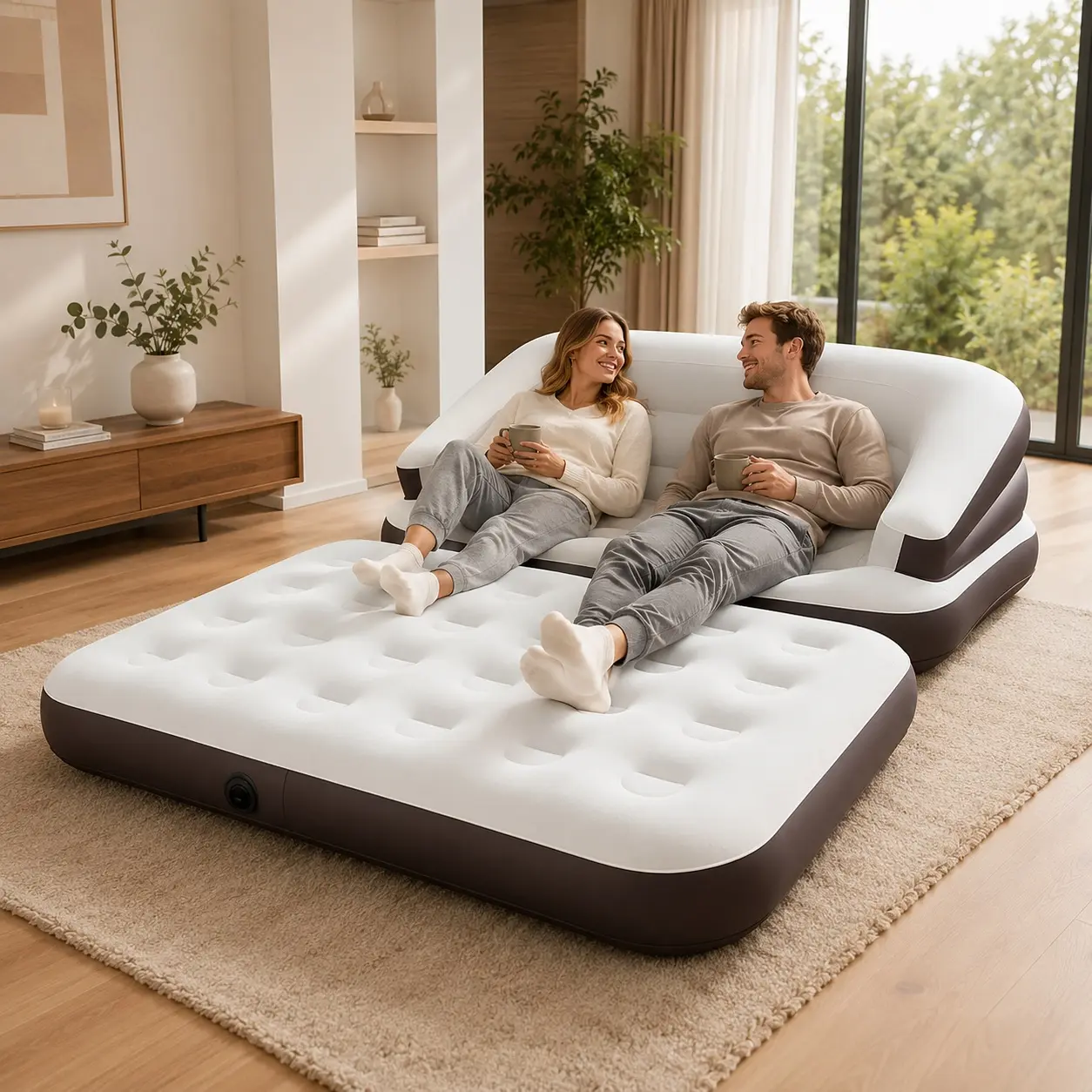 5-in-1 Inflatable Sofa Bed with Pump, Air Couch with Foldable Mattress, Portable Air Sofa Chair for Living Room, Guest Room, Camping & Travel, Comfortable Flocked Surface
