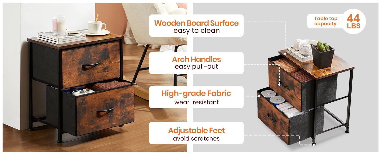 Nightstand with 2 Fabric Drawers, Dresser, End Table, Bedside Table, Bedroom Furniture for Living Room, Entryway