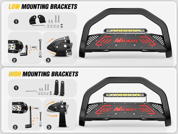 Nilight Bull Bar with Light fits 2019-2024 Chevy Silverado 1500(Excl. 19 LTD Classic) & GMC Sierra 1500(Excl. 19 LTD Classic) Front Bumper Grille Brush Push Guard with Skid Plate Licence Plate Hole