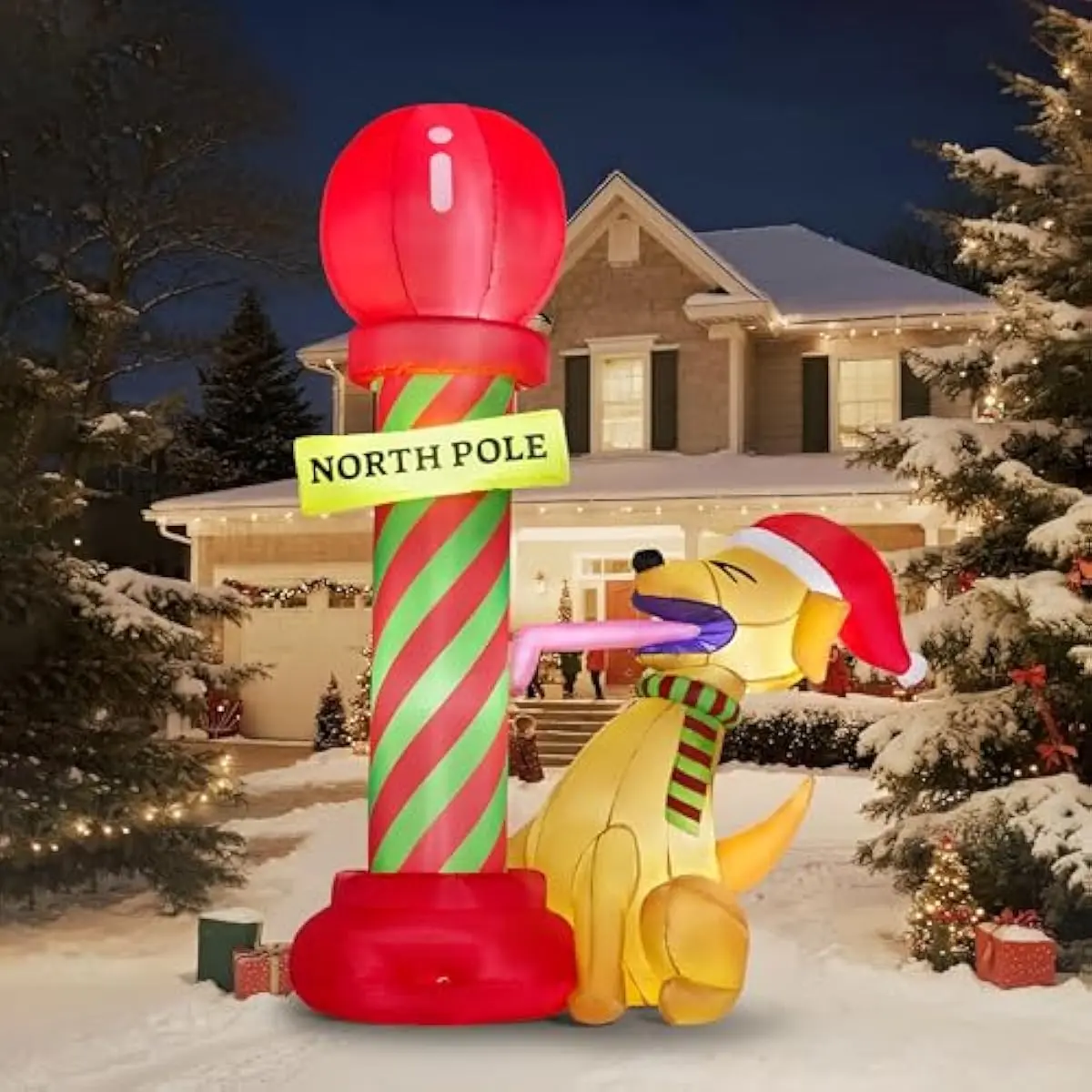 6ft Tall Christmas Inflatable Outdoor Decoration, Blow up North Pole Sign with Dog Christmas Inflatable Decor with Build-in LEDs for Xmas Party Outdoor Yard Lawn Garden Decorations