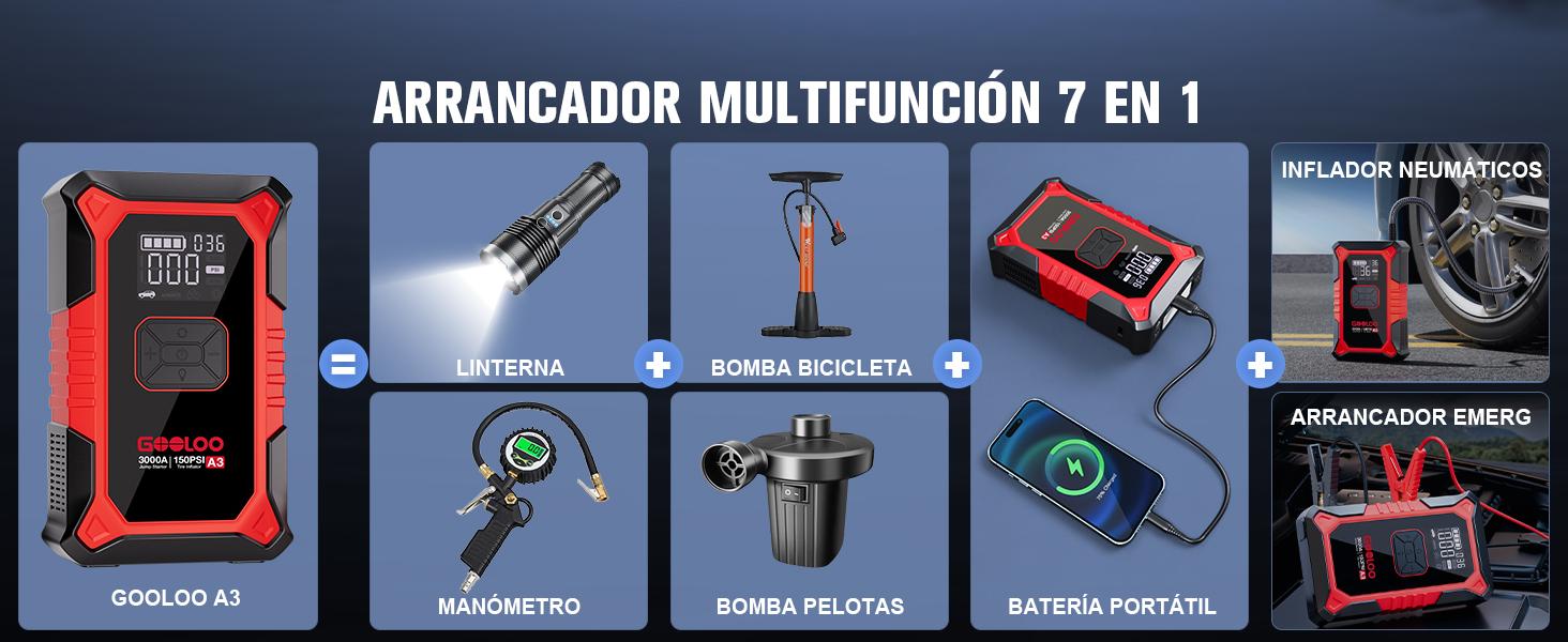 GOOLOO A3 Arrancador de batería con compresor de aire, 3000 A portátil de batería de coche (9,0 gasolina/6,5 L diésel) con inflador de neumáticos de apagado automático de 150 PSI, caja de salto de litio supersegura de 12V, arrancador de batería de coche