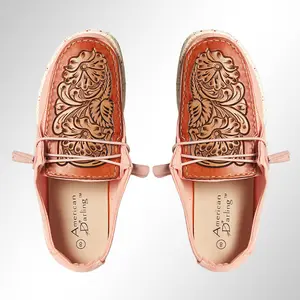 American Darling Hand tooled, carved genuine leather trim lightweight shoe footwear, slip on| Tooled Footwear