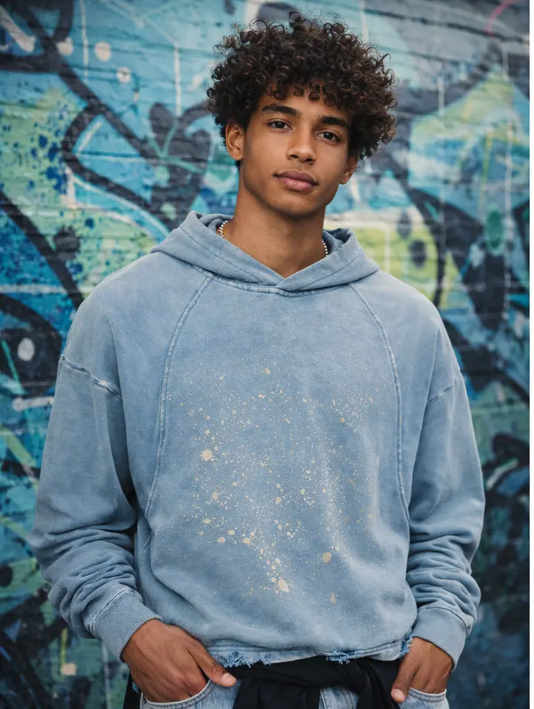 Unisex Abstract Paint Splatter Print Heavyweight Loose Hoodie - Relaxed Fit Pigment Wash Cotton Blend Pullover, Long Sleeve with Distressed Details, Pocket, Vintage Casual Top (Cold Wash, Do Not Bleach)
