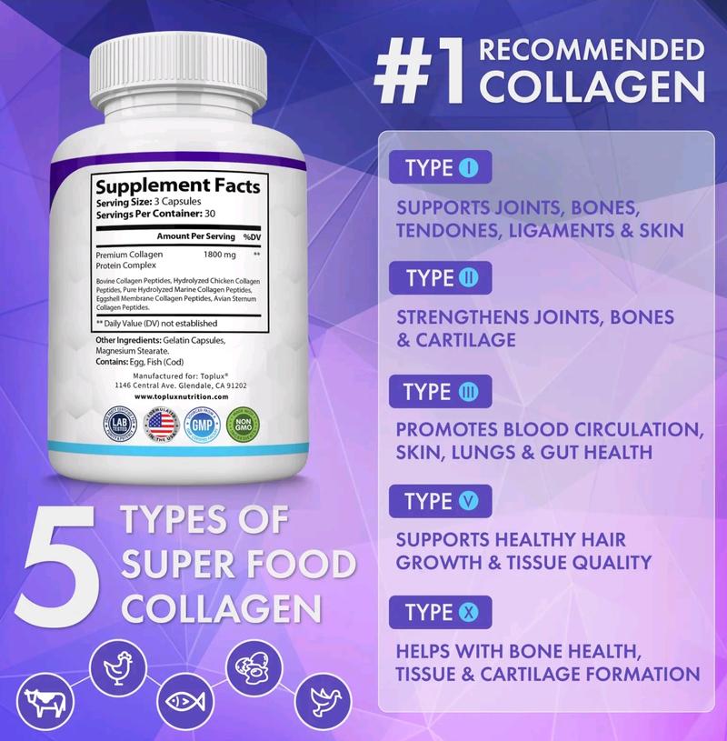 3BE-Toplux Nutrition Collagen Peptides 5 Types Complex 1800mg US Made Dietary Supplement for Health Beauty Fitness 90 Capsules Healthcare Edible Healthy