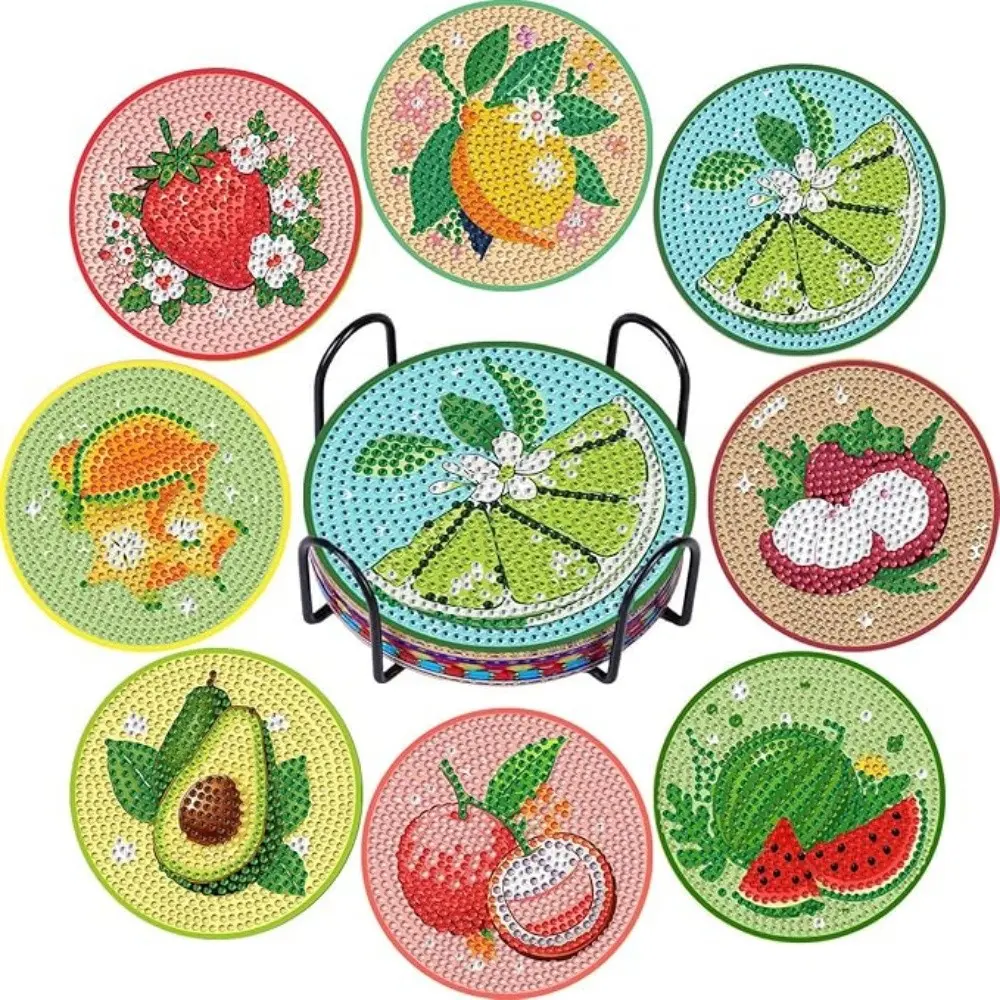 8 Piece Diamond Painted Coaster Set with Fruit Patterns and Stand, DIY Craft Kit for Beginners, Great Gift for Home Decoration, Diamond Art Coasters, Diamond Painting Coasters