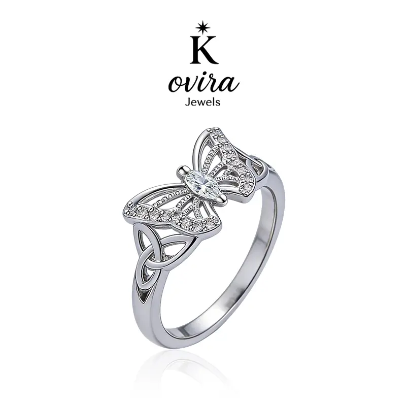 Kovira S925 Sterling Silver Elegant Casual Ring, Romantic 5A Clear Zircon Butterfly Celtic Knot Design, Women's Everyday Wear Fairycore Gift