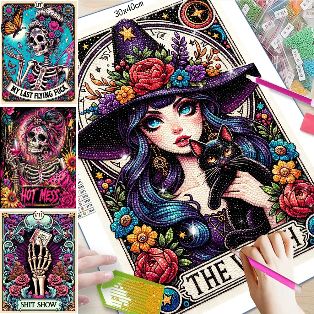 1Pc DIY Skull Diamond Art Kit, Tarot Skeleton Woman Rhinestone Mosaic Cross Stitch Inlay, Mixed Textile Handcrafting Supplies for Adults Hobbies, Perfect Decorative Canvas Gift (DIY Kits Included), Hobbies Kit Adults