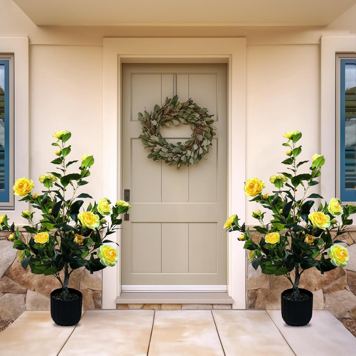 2 pcs of artificial camellia tree with built-in flower pot, 35.43 inch green plant potted plant suitable for indoor, outdoor, courtyard, porch decoration