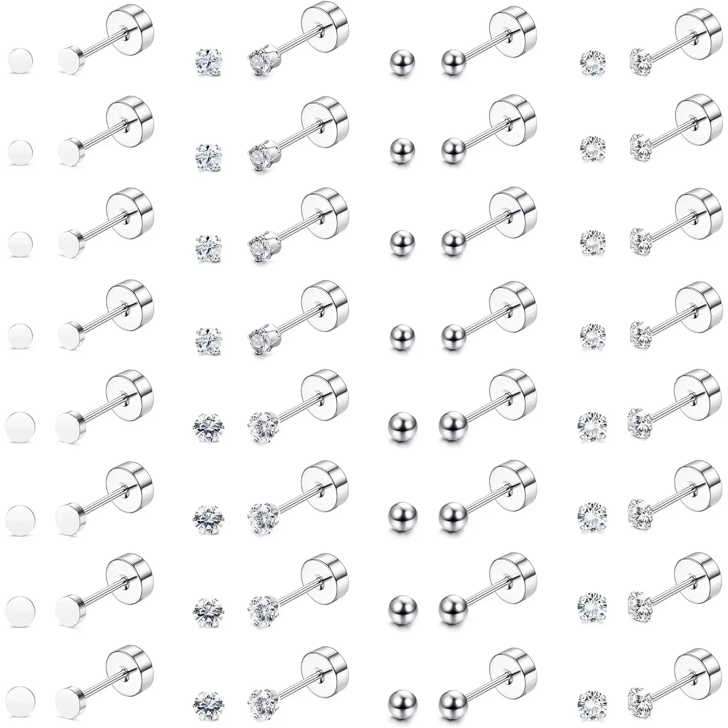 Milacolato Unisex Earring Stacking Set - 16-Pair Tiny Surgical Steel Flat Back Cartilage Earrings, Hypoallergenic 2mm/3mm Cubic Zirconia Bright Ball Studs for Tragus, Helix Piercings, Bright Earrings